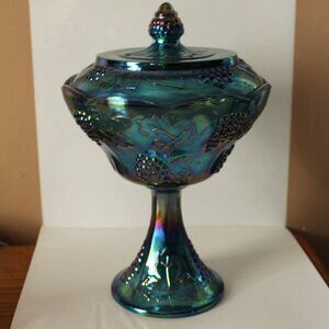 Indiana Harvest Grape Carnival Glass Iridescent Blue Covered  Dish
